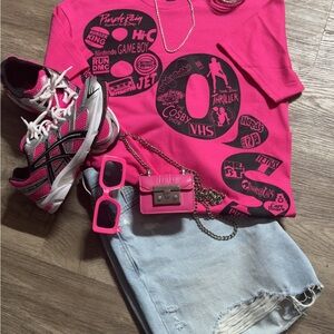 Pink Graphic Tee and Sneakers with Denim Shorts